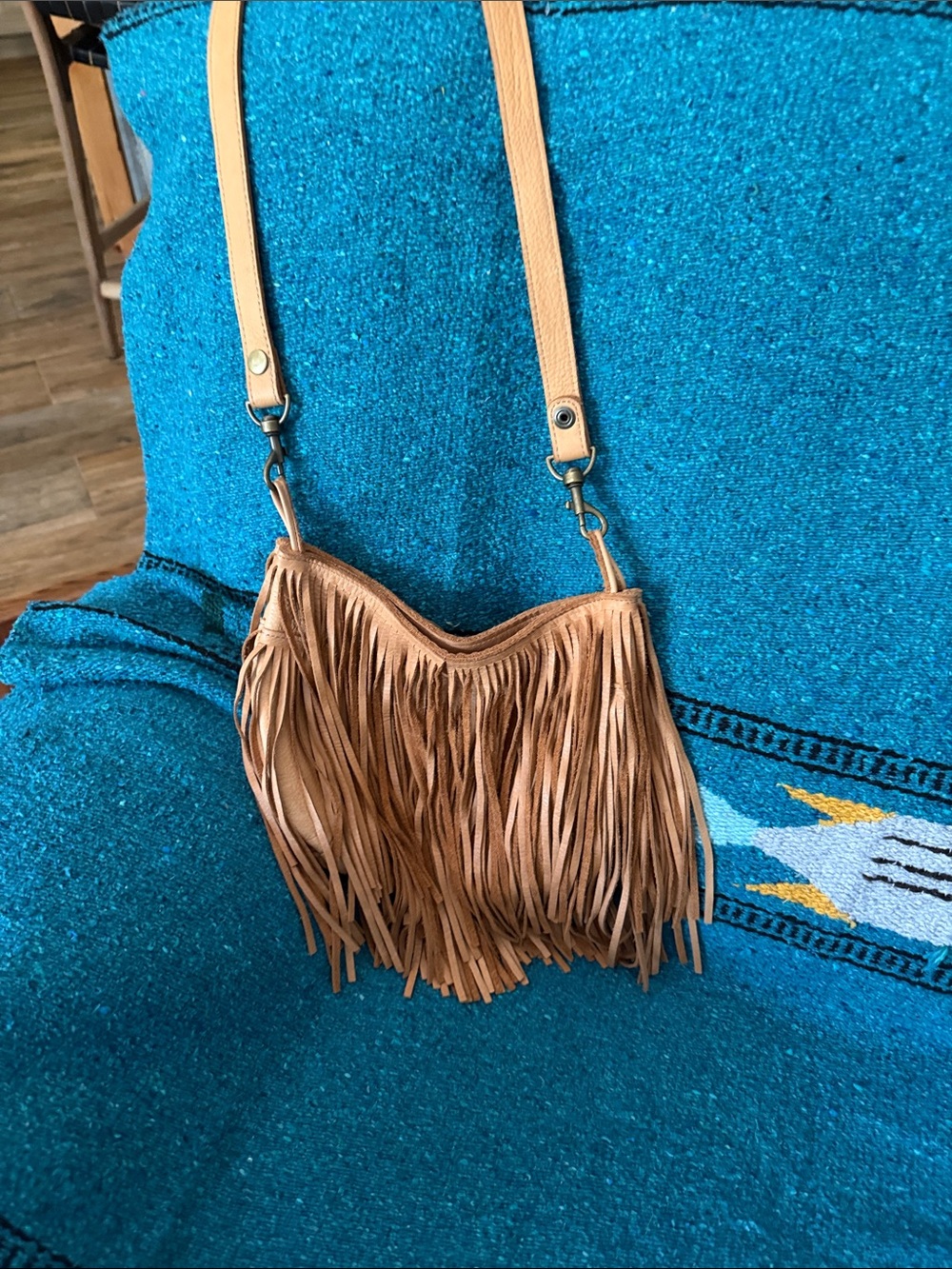 Tan Fringe Crossbody Bag with Adjustable Strap